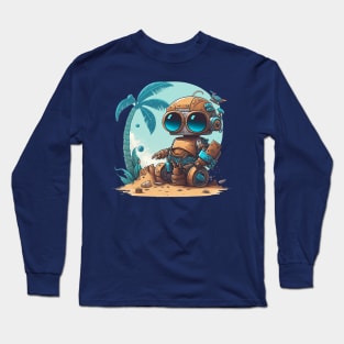 Cute little robot chilling on the beach Long Sleeve T-Shirt